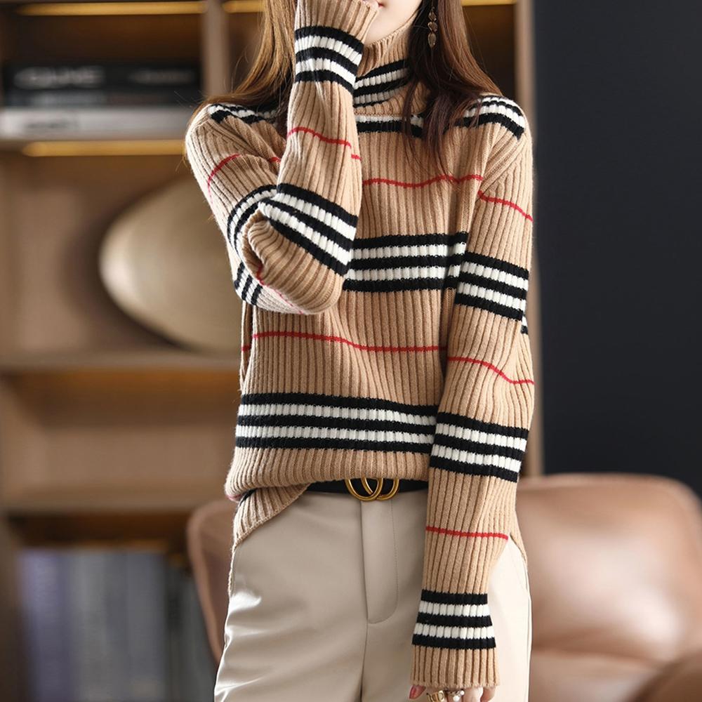 Neutral red-black striped checkered sweater