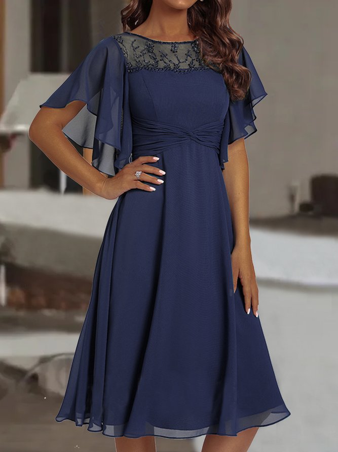 Blue Solid Color Round Neck Midi Dress