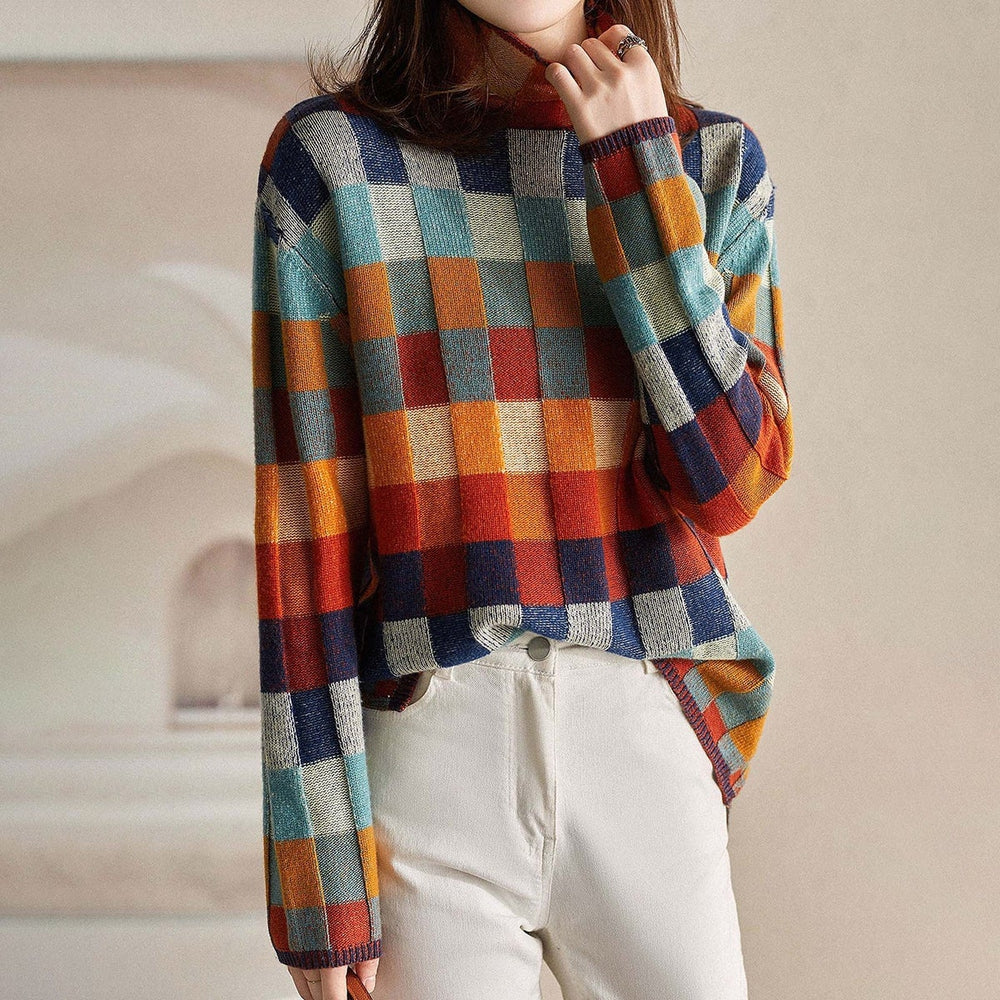 Autumn jumper with high neckline in checkerboard pattern