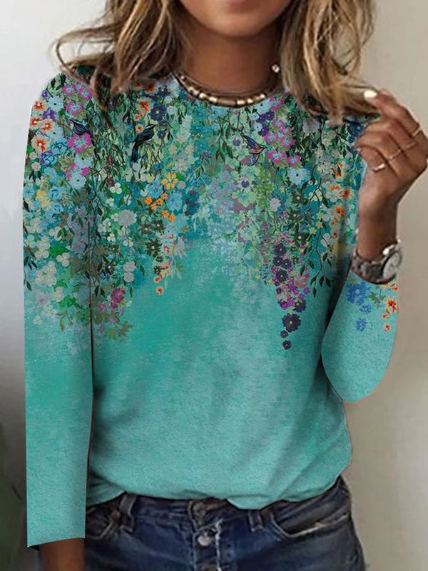 Floral Garden Aqua Long Sleeve Top