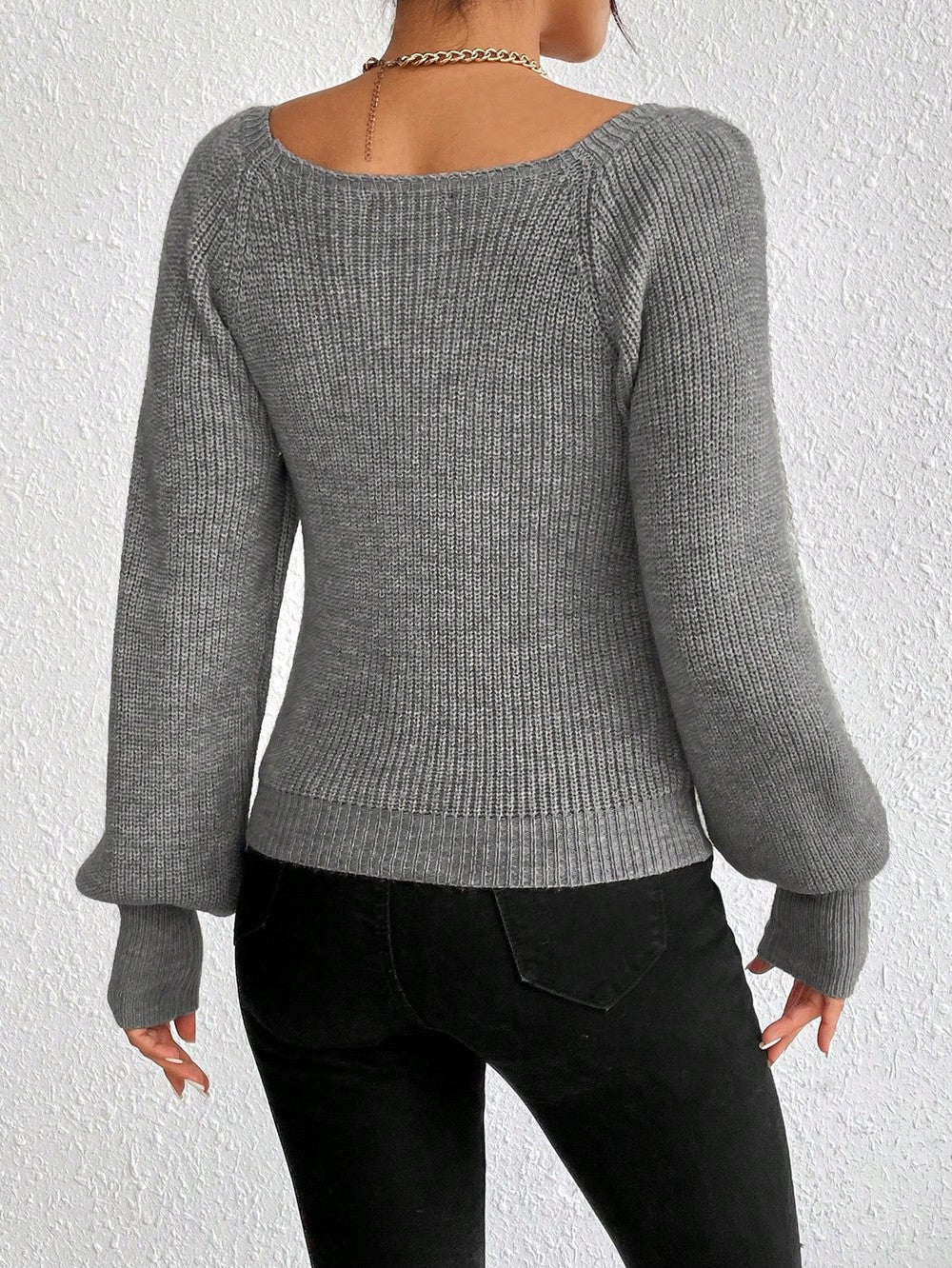 Grey plain sweater with square neckline