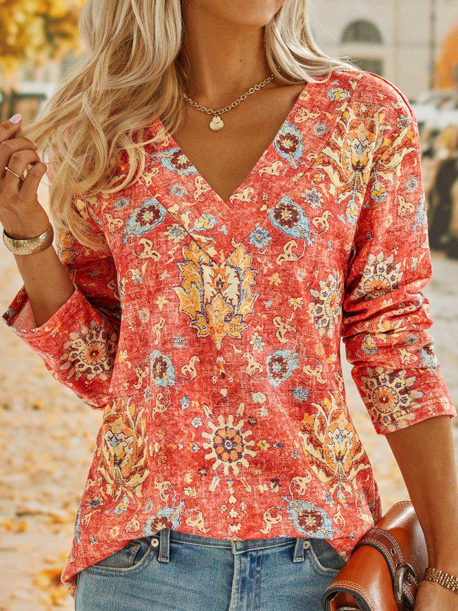 Boho Summer Flower Red V-neck Top