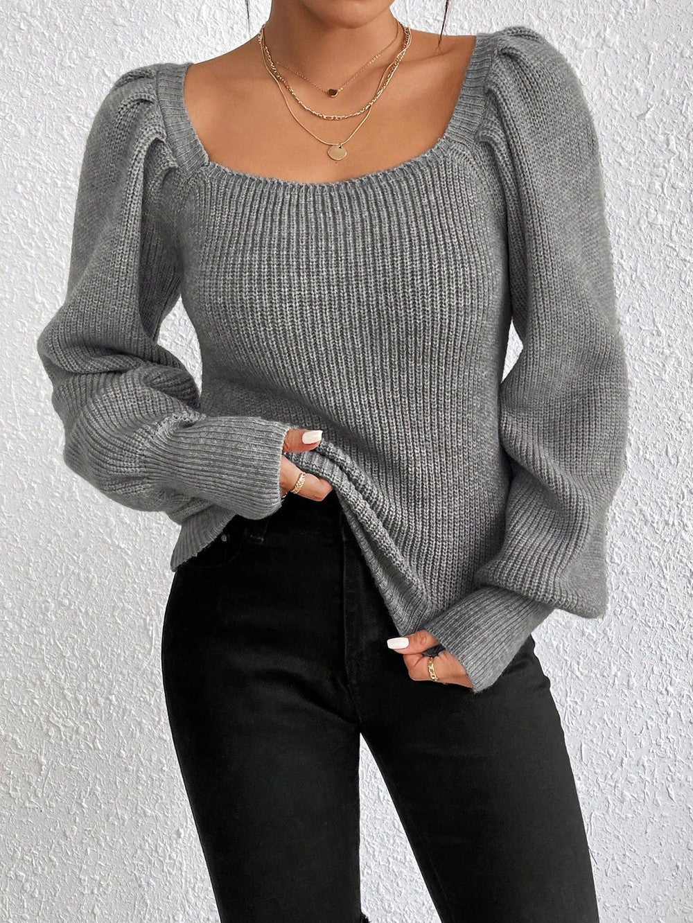 Grey plain sweater with square neckline