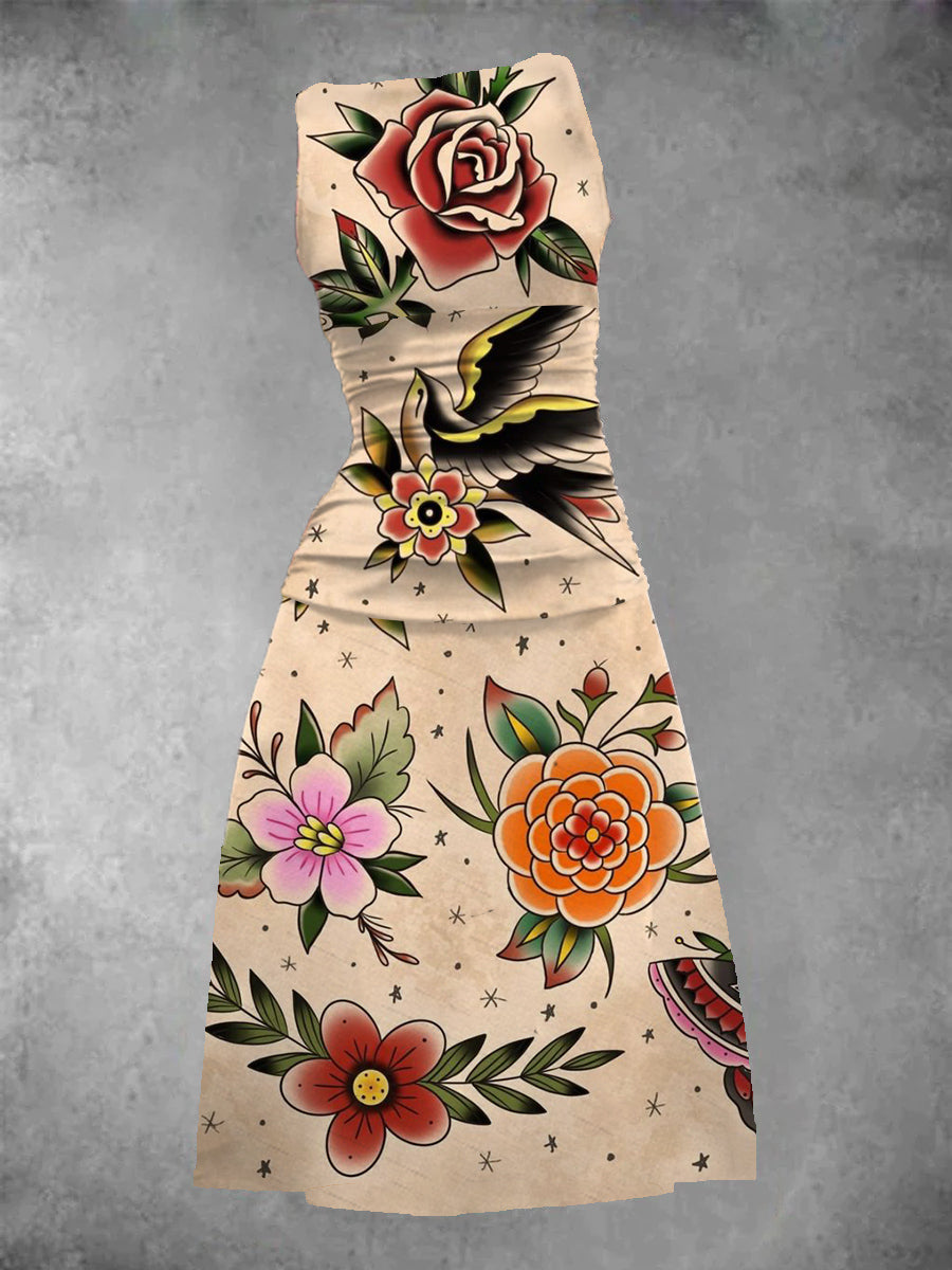 Traditional maxi dress with tattoo print for women