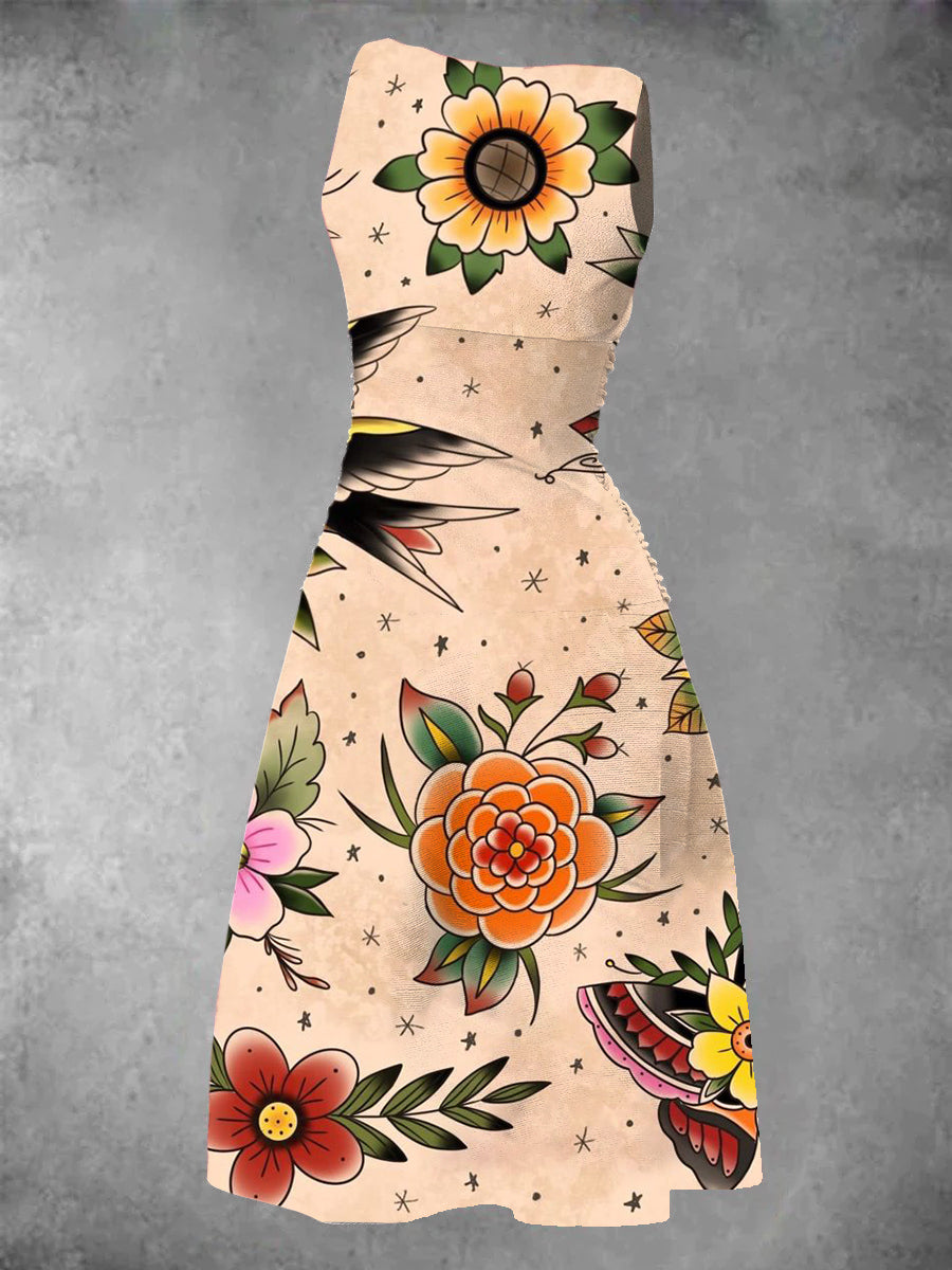 Traditional maxi dress with tattoo print for women