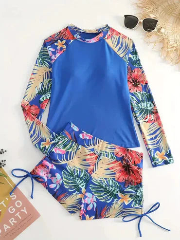 Blue printed swimwear with long sleeves