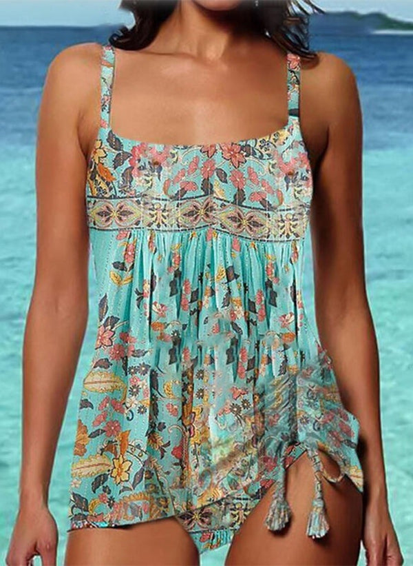 Turquoise tankini swimwear with floral print