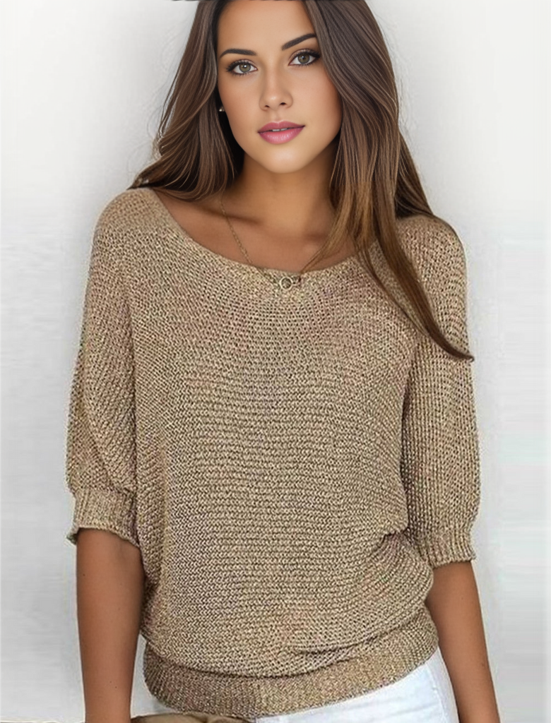 Gold colored solid color sweater with round neckline