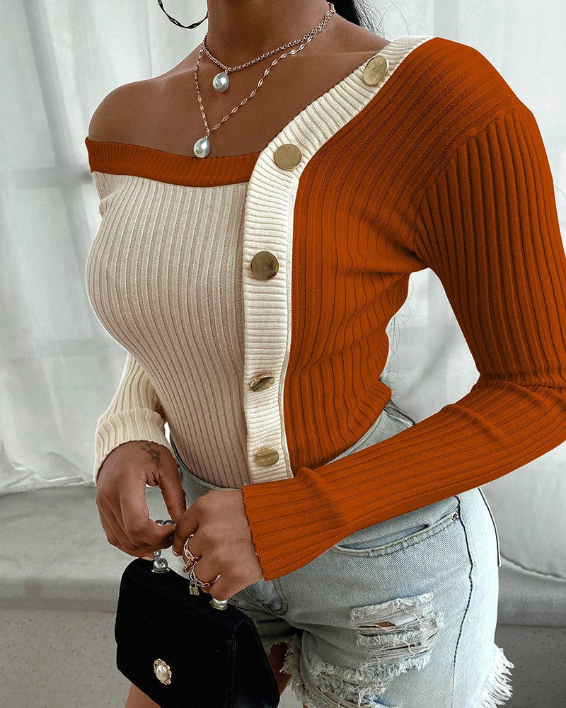 Colorblock Buttoned Knit Long Sleeve Sweater