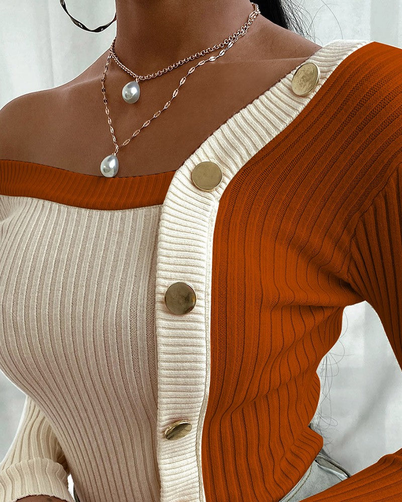 Colorblock Buttoned Knit Long Sleeve Sweater