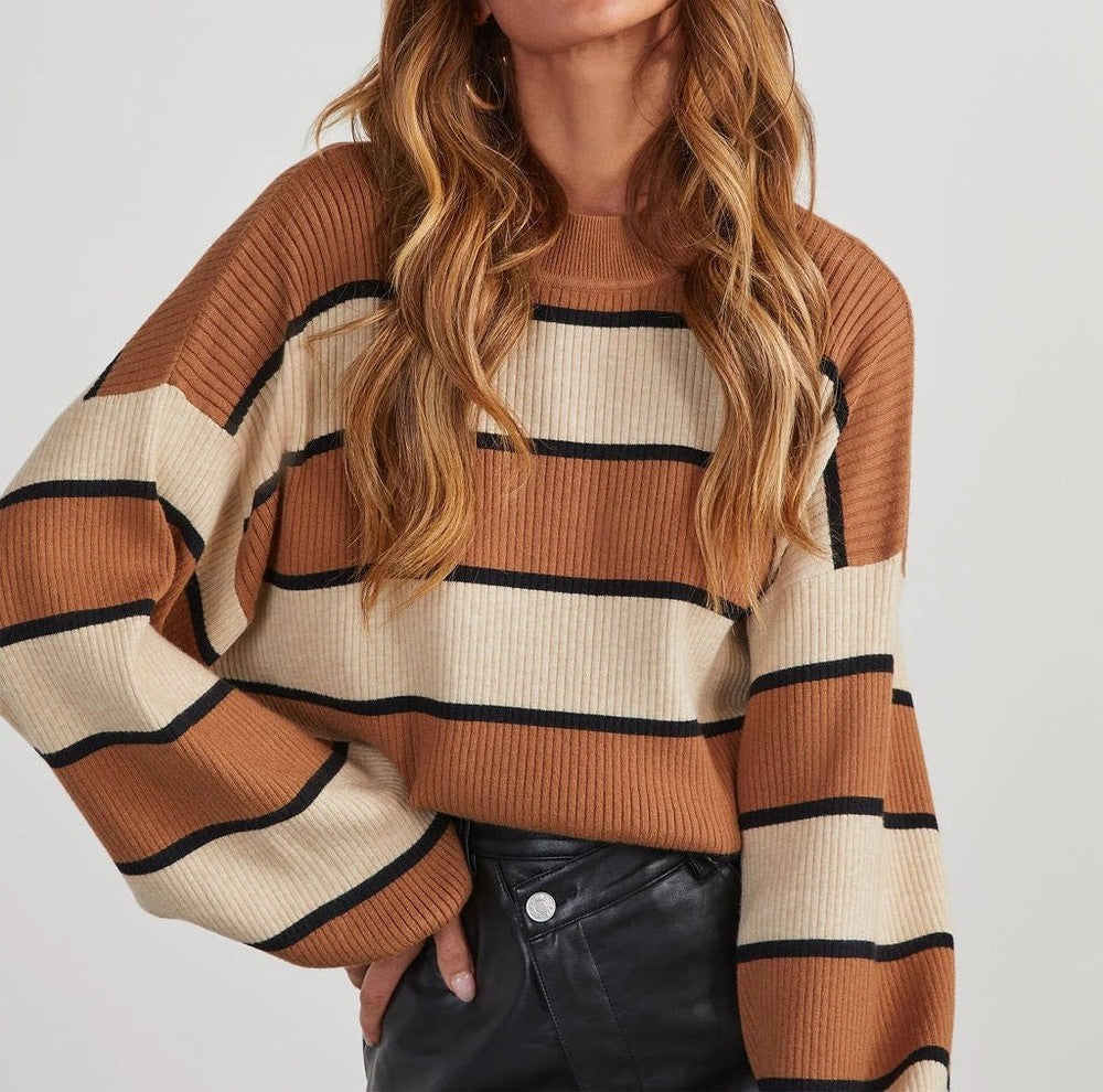 Brown color block long sleeve sweater