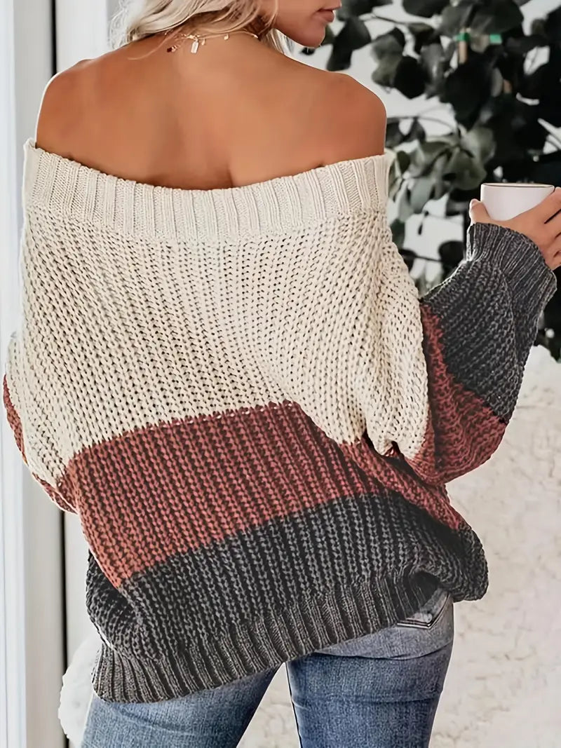 Shoulder-free color block knit sweater