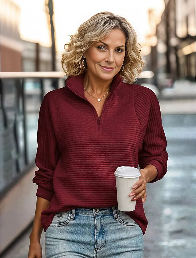 Burgundy long sleeve plain top with V-neck