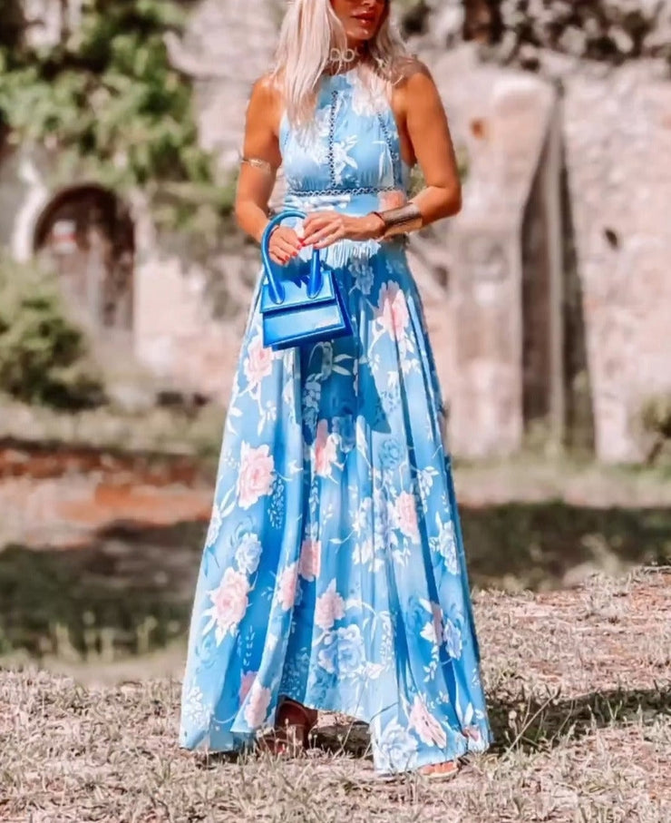 Blue printed maxi dress with halter