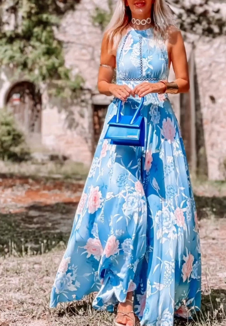 Blue printed maxi dress with halter