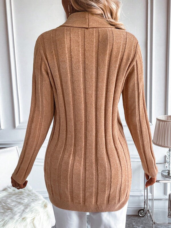 Brown Solid Color Lapels Long Sleeve Cardigan