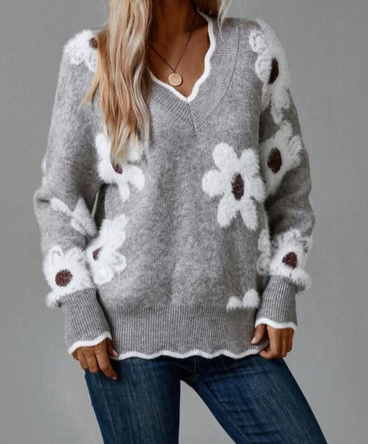 Grey V-neck sweater with floral pattern