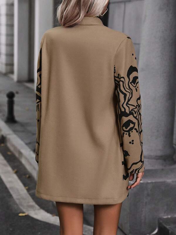 Coffee Long Sleeve Printed Outerwear