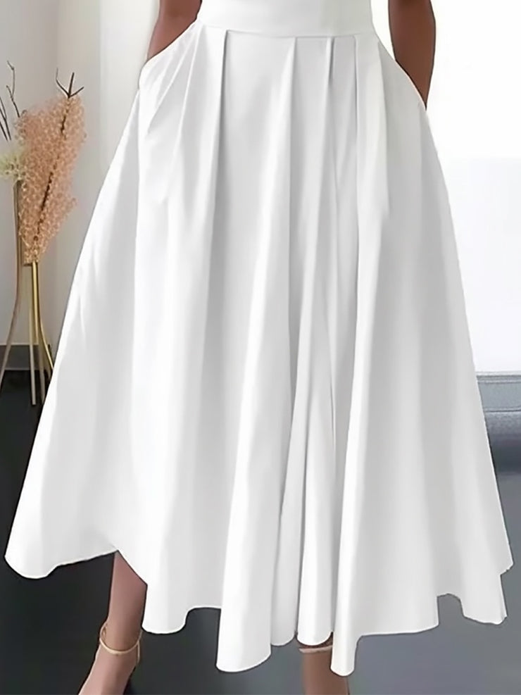 White folding collar maxi dress with deep V-neck and pleat