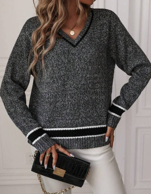 Grey long sleeve V-neck sweater