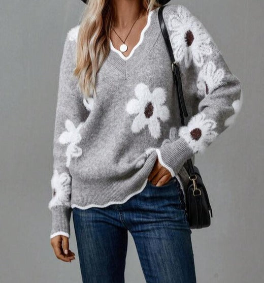 Grey V-neck sweater with floral pattern