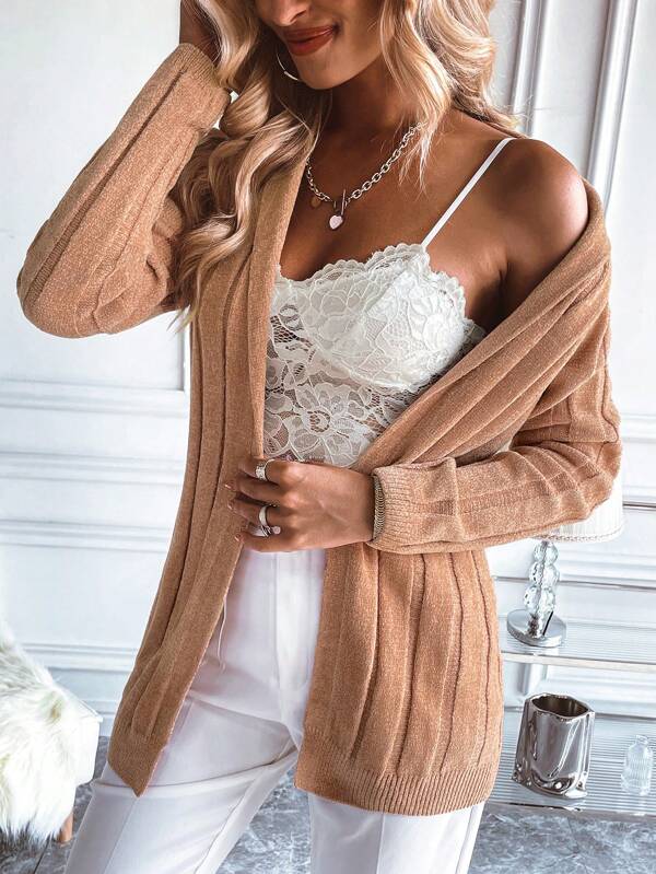 Brown Solid Color Lapels Long Sleeve Cardigan