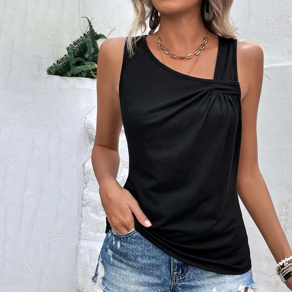 Black Solid Color V Neck Sleeveless Tank Top