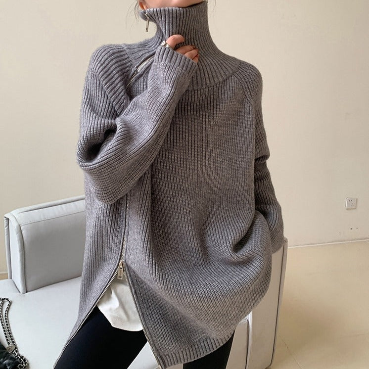 Grey solid color sweater with high neckline