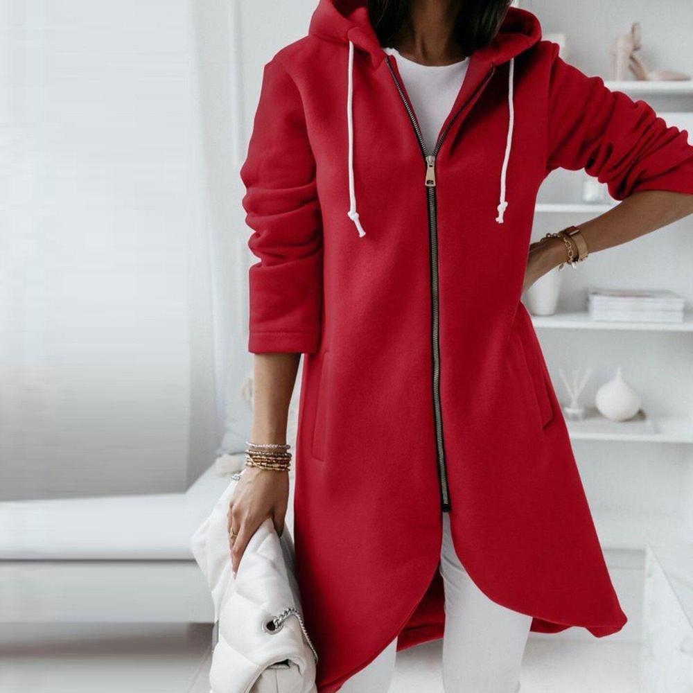 Motor Red Uneven Hem Hooded Sweater with Zipper Cardigan