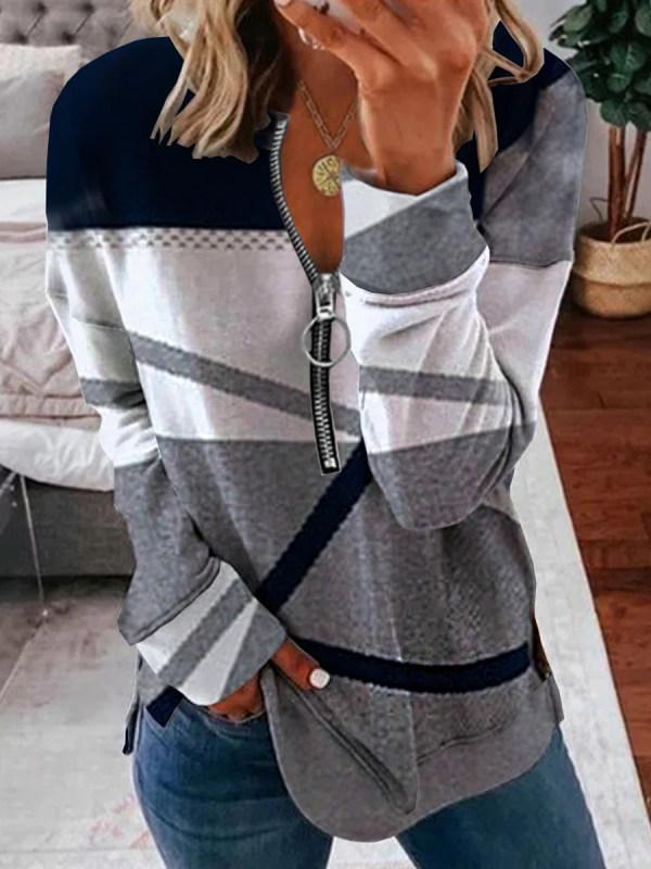 Grey zig-zag striped top with zipper