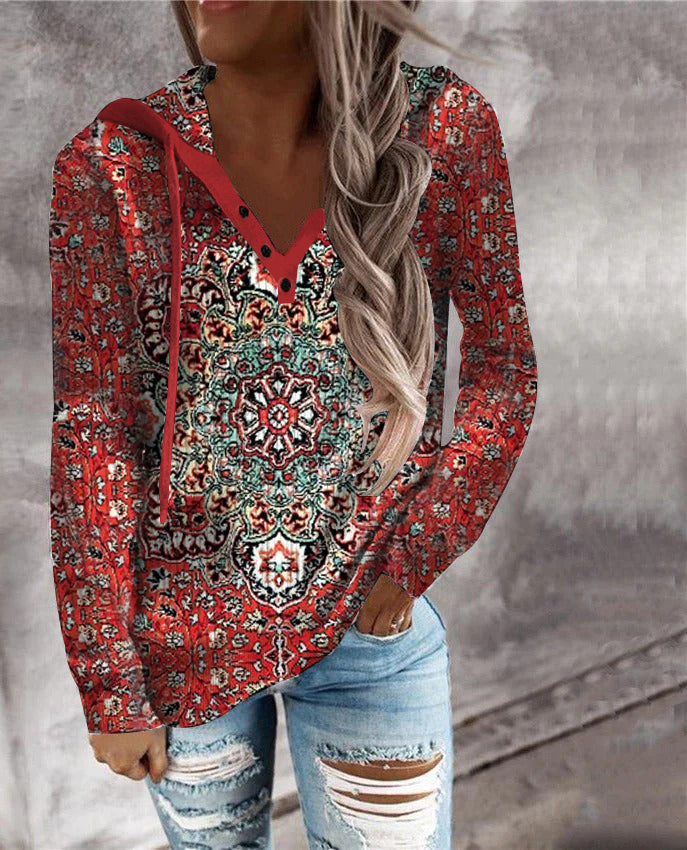 Red Mandala Print Hooded Henley Sweatshirt with Long Sleeves