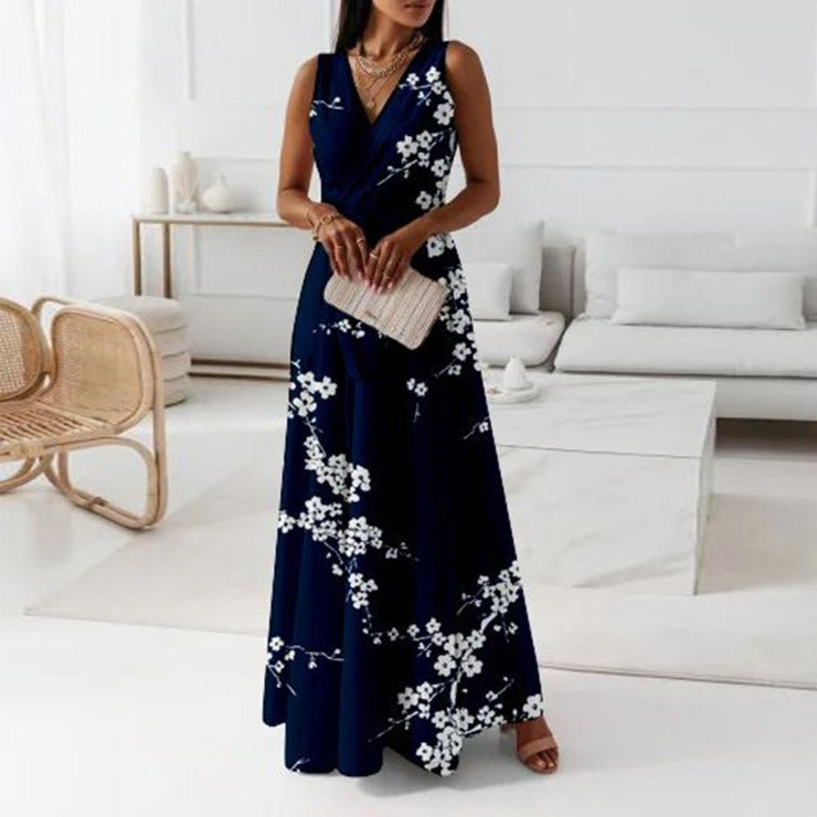 Navy blue sleeveless maxi dress with floral print