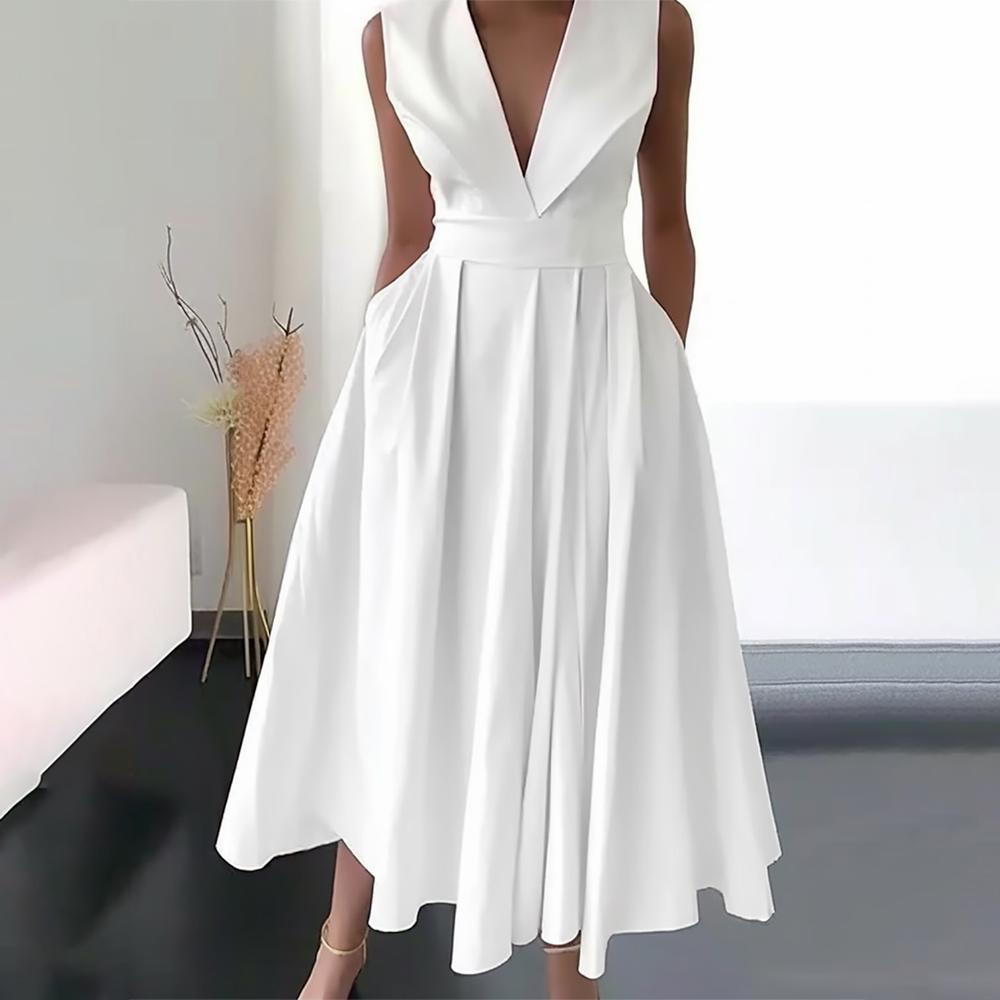 White folding collar maxi dress with deep V-neck and pleat