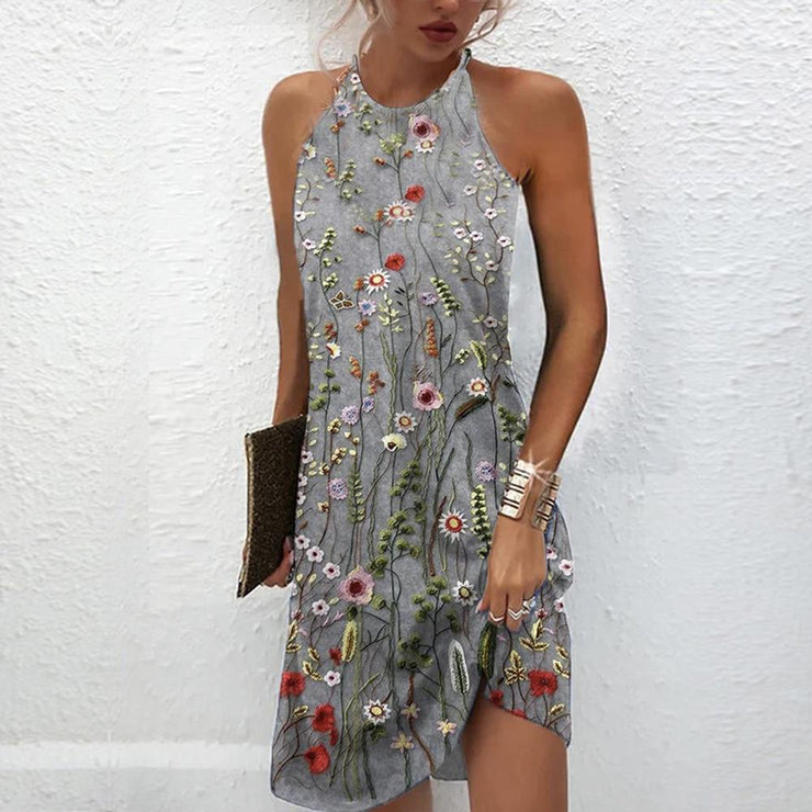 Floral Print Grey Sleeveless High Neck Sheath Dress Mini Dress