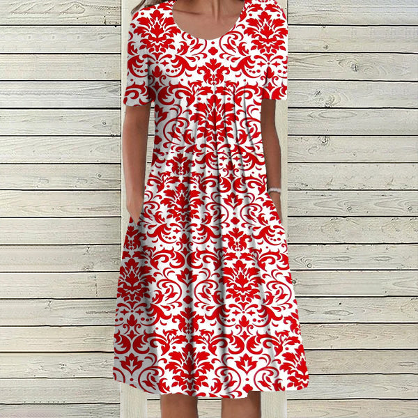 Elegant short sleeve midi dress with red print