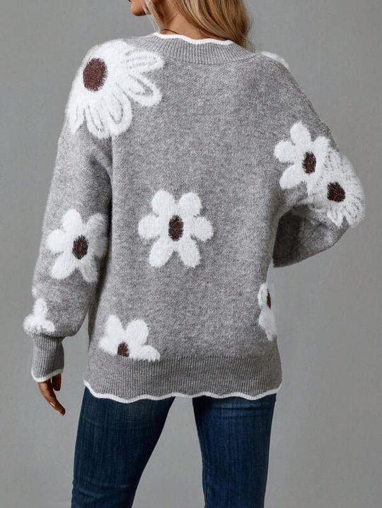 Grey V-neck sweater with floral pattern