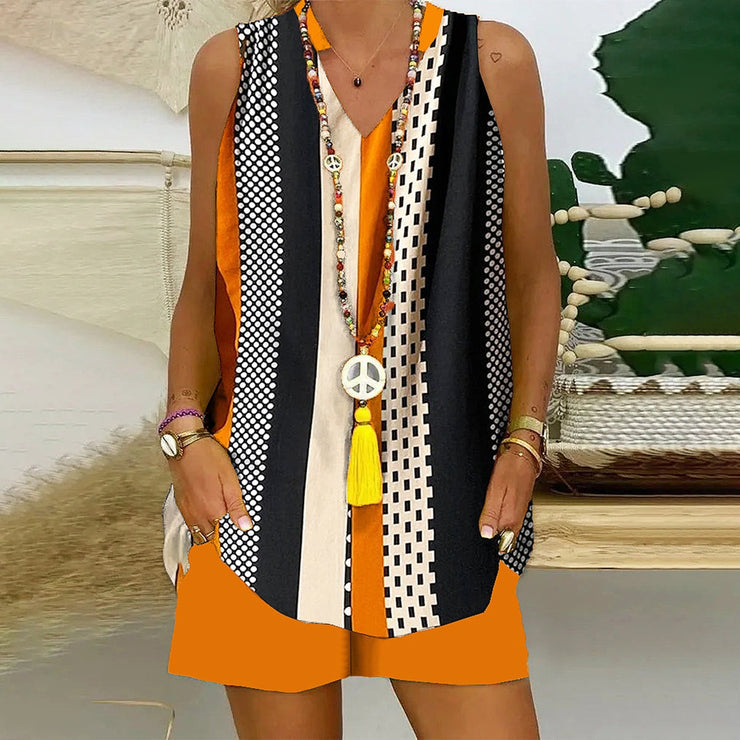 Striking two-piece sleeveless set with color block