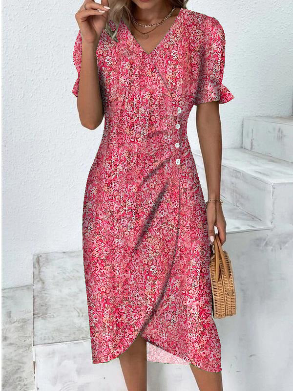 Small Pink Red Rose Print Wrap Dress With V Neck Mini Dres