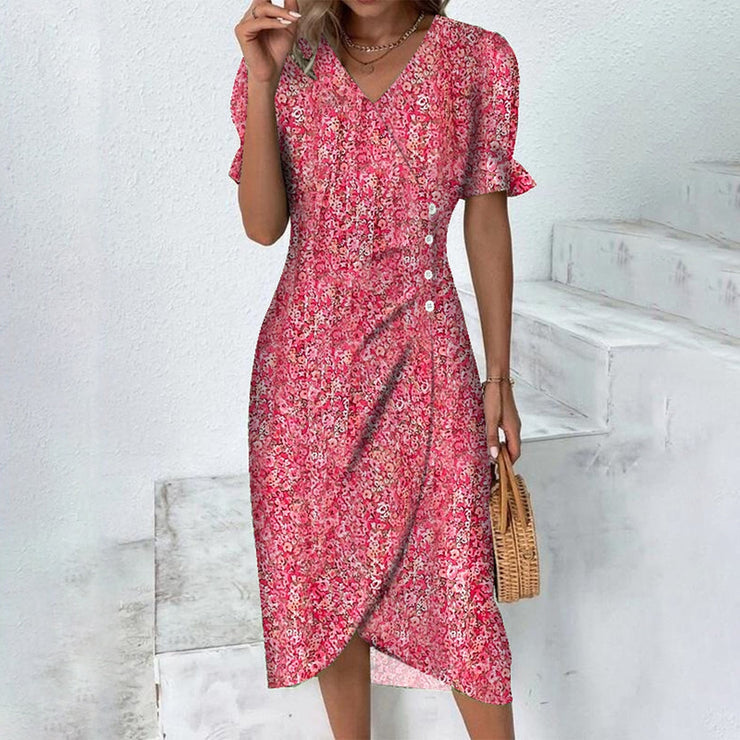 Small Pink Red Rose Print Wrap Dress With V Neck Mini Dres