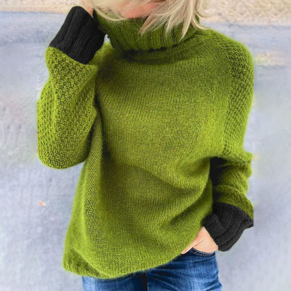 Green print sweater with high neckline