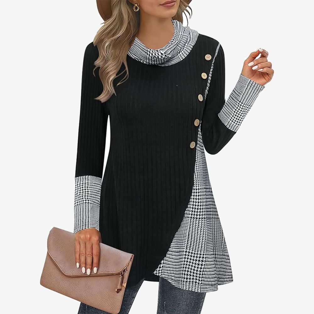 Chic long sleeve houndstooth top