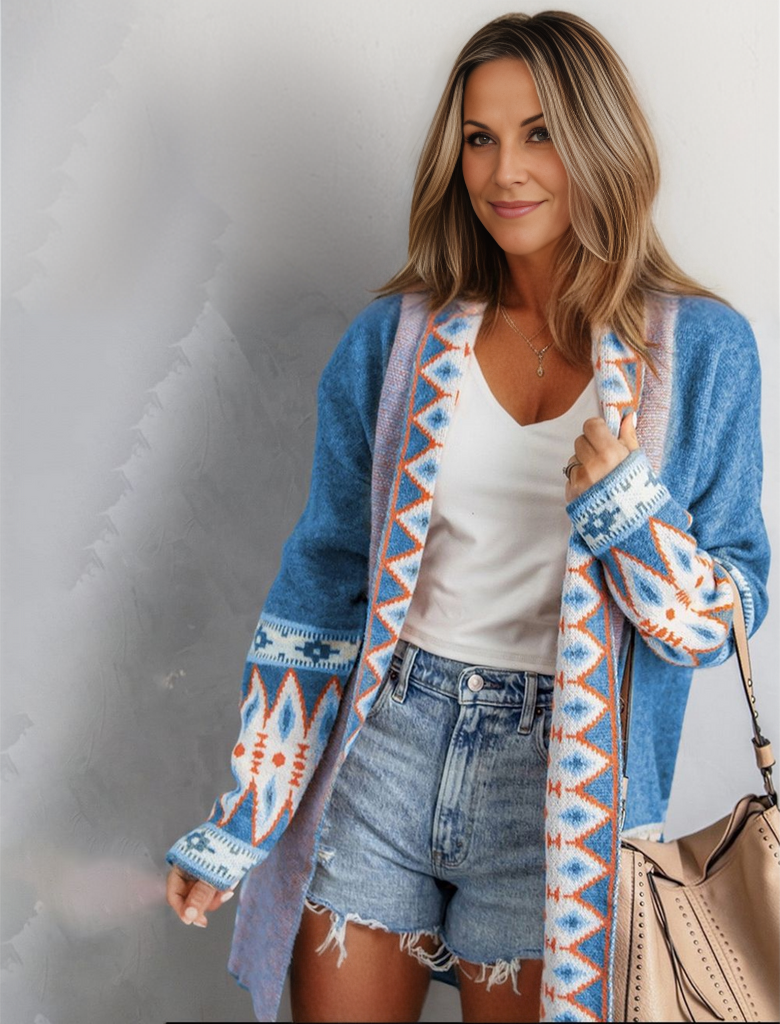 Blue long sleeve cardigan with print