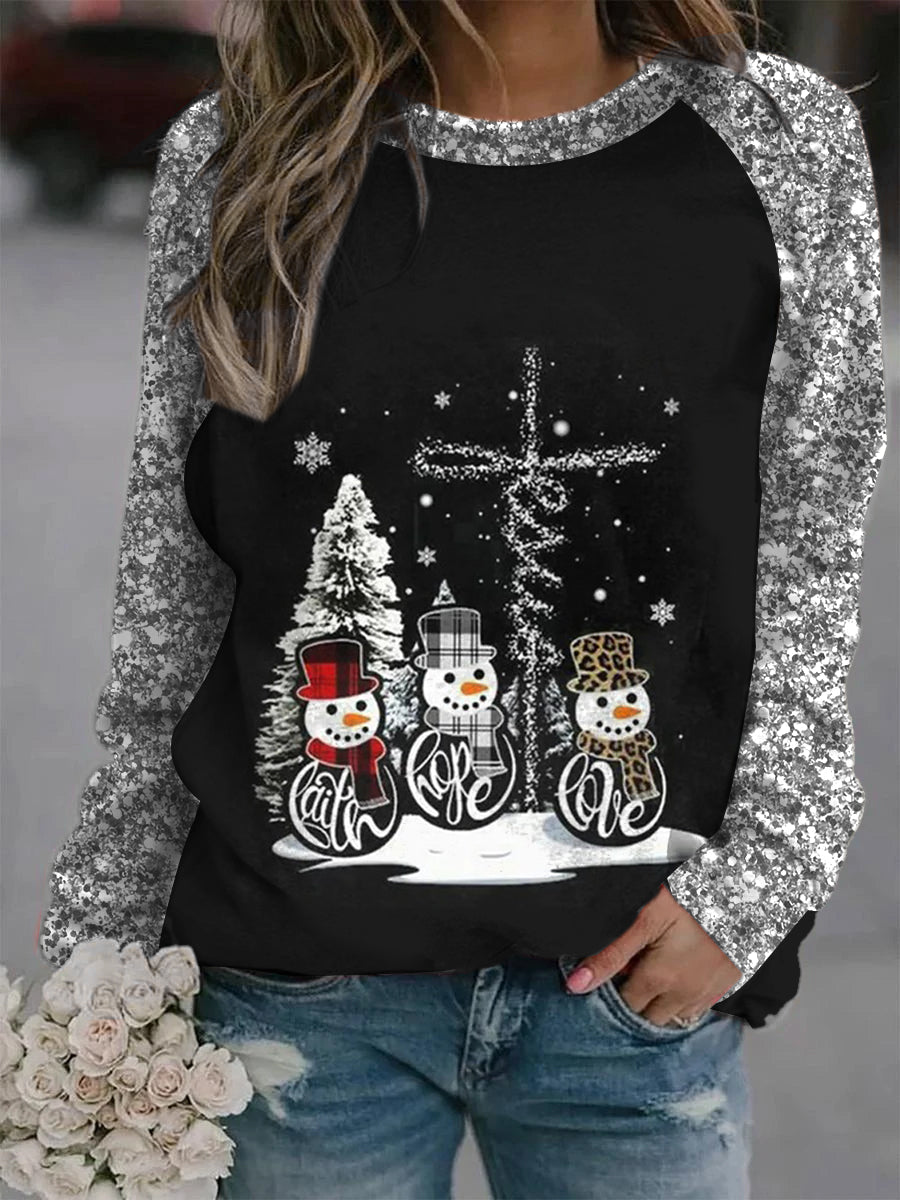 Three snowmen Christmas tree long sleeve shirt