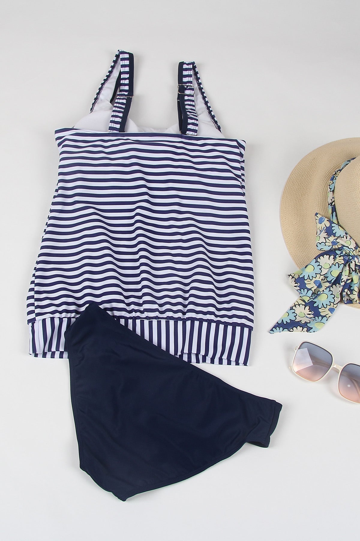 Navy blue sleeveless swimwear with print