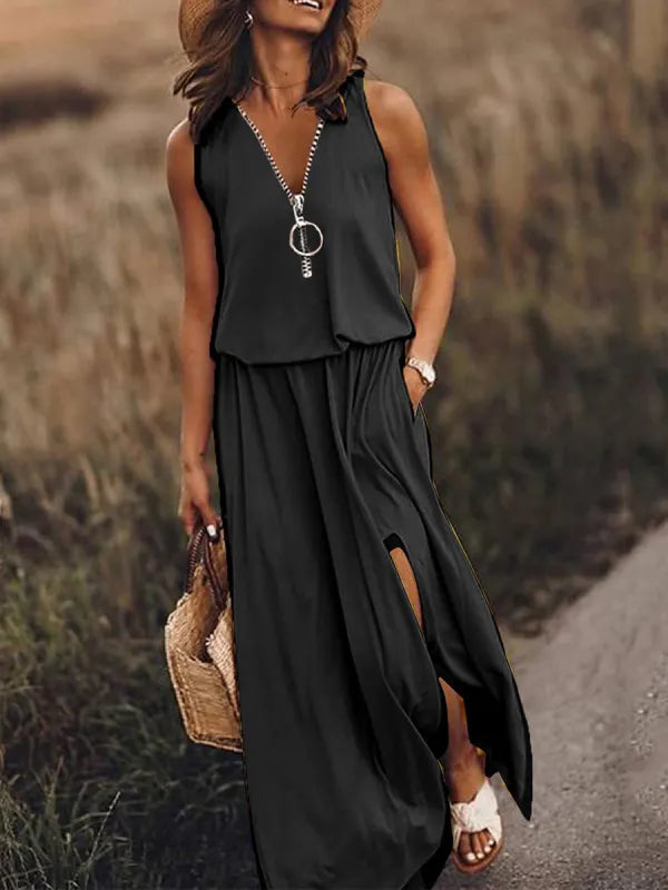 Black sleeveless maxi dress with illusion pleats