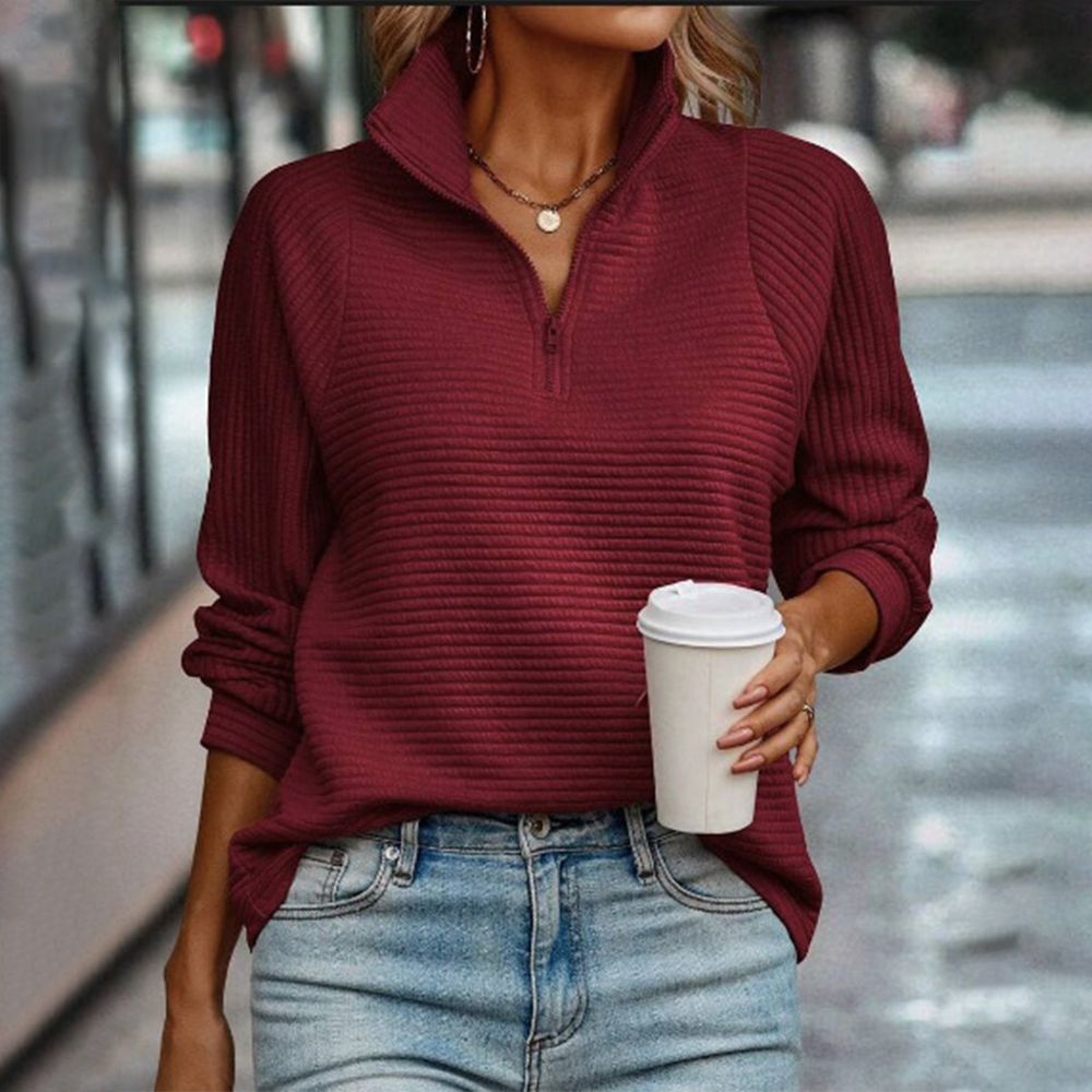 Burgundy long sleeve plain top with V-neck