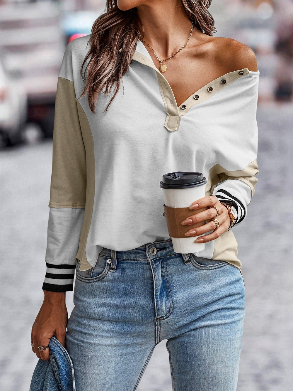 white top with beige accents for a distinctive look