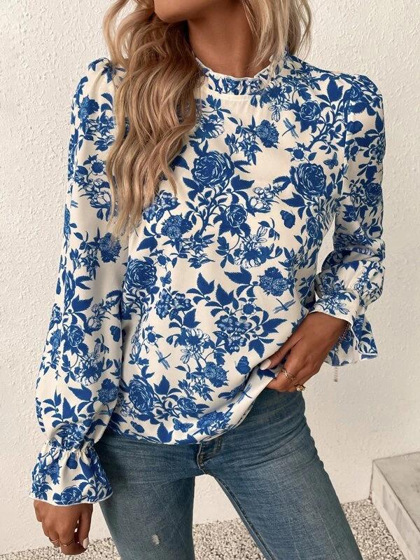 Sweet Plant Blue Long Sleeve Top