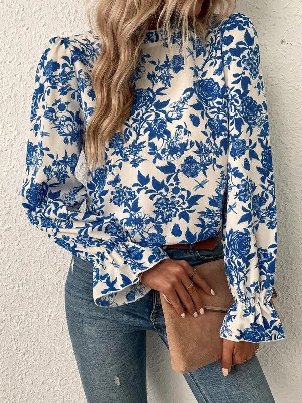 Vintage Blue Flower Print Top