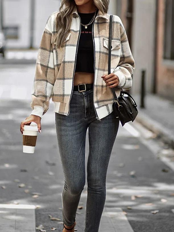 Popular checkered outerwear with collar